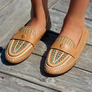 Tory Burch $348 Woven Ballet Loafer Flats Tan Blue SUPER COMFY!